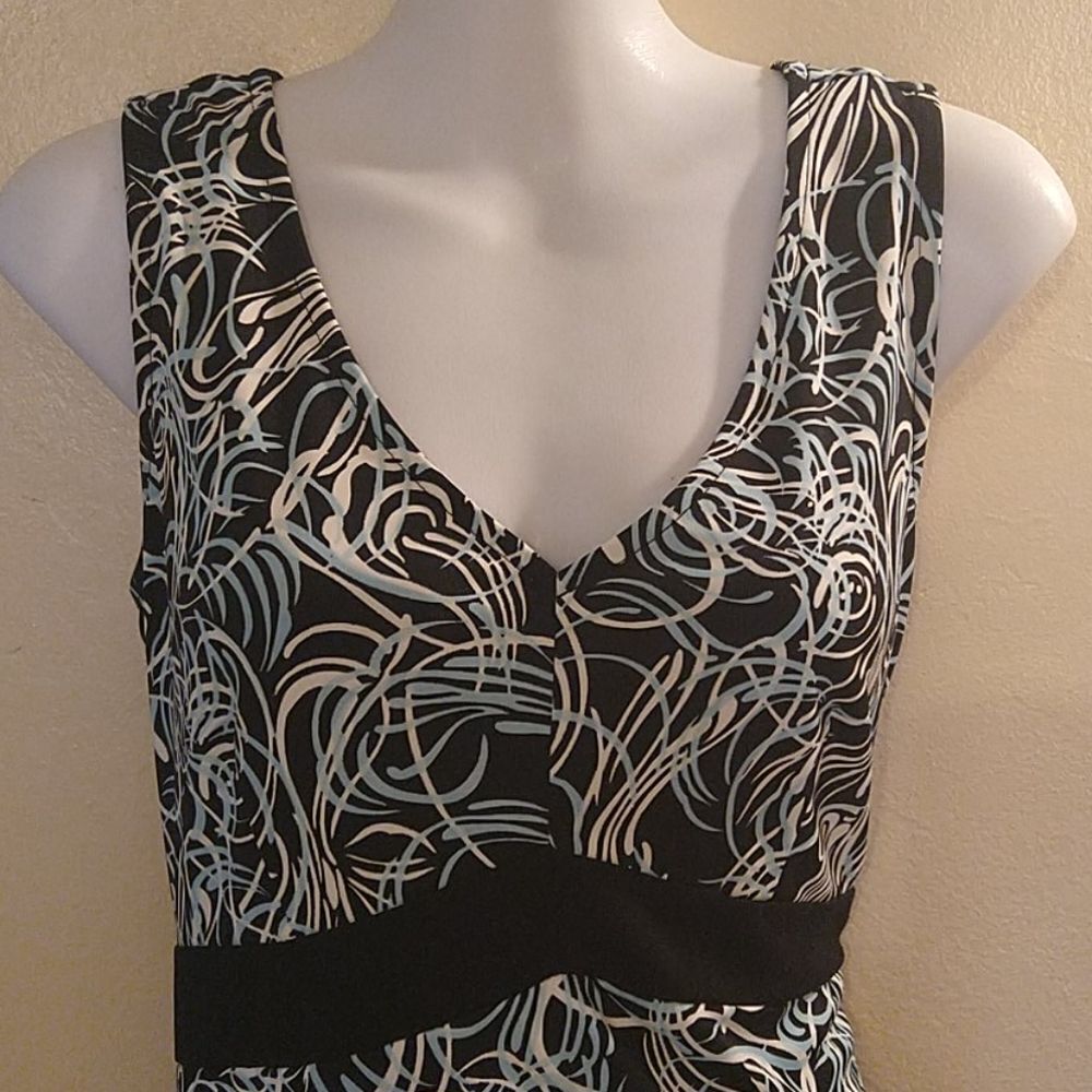 LOFT Swirl and Swish in Elegance Dress Size 10 Stretchy Blue and Black Print - Picture 2 of 9